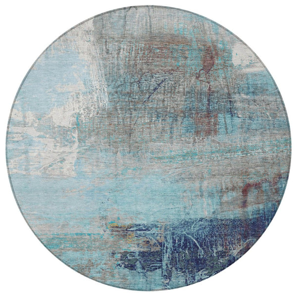 HomeRoots 5' Teal Blue and Gray Abstract Area Rug - Stylish, Washable, Indoor/Outdoor, Durable, and Easy Care! 8' Round 632037