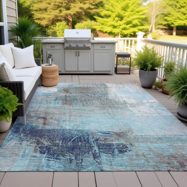 HomeRoots 5' Teal Blue and Gray Abstract Area Rug - Stylish, Washable, Indoor/Outdoor, Durable, and Easy Care! 9' X 12' 632039