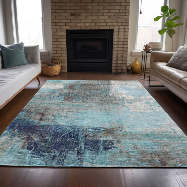 HomeRoots 5' Teal Blue and Gray Abstract Area Rug - Stylish, Washable, Indoor/Outdoor, Durable, and Easy Care! 9' X 12' 632039