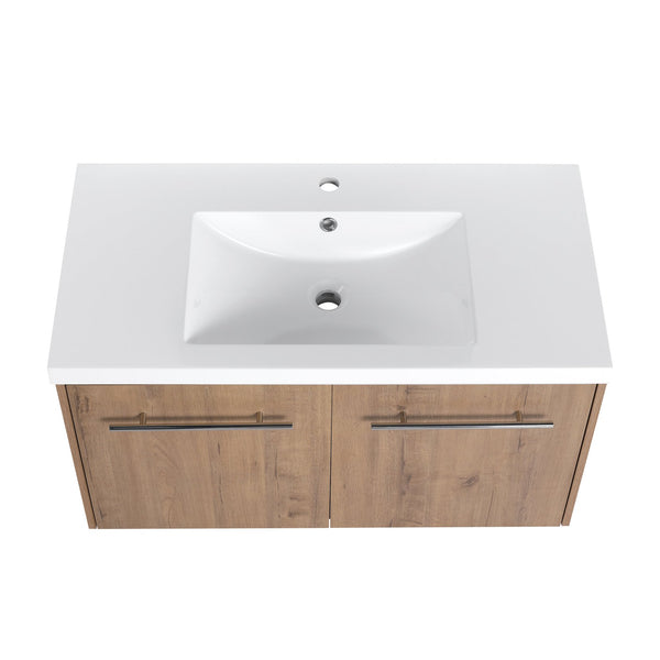 English Elm 36 Inch Floating Bathroom Vanity with Resin Sink, Soft-Close Doors, KD Pack, Modern Storage Design W999P188200