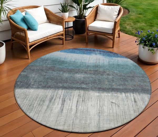 HomeRoots 5' Blue and Gray Abstract Area Rug - Durable, Washable Design for Indoor and Outdoor Use, Modern Style 8' Round 632043