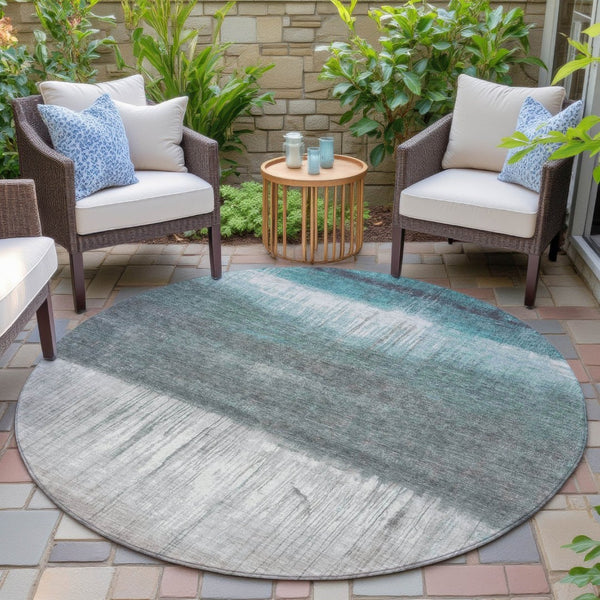 HomeRoots 5' Teal Blue and Gray Abstract Area Rug – Durable, Washable, Perfect for Indoor and Outdoor Spaces 8' Round 632061