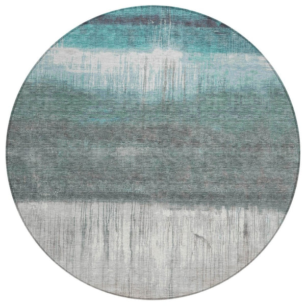 HomeRoots 5' Teal Blue and Gray Abstract Area Rug – Durable, Washable, Perfect for Indoor and Outdoor Spaces 8' Round 632061