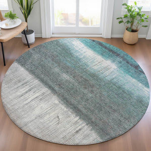 HomeRoots 5' Teal Blue and Gray Abstract Area Rug – Durable, Washable, Perfect for Indoor and Outdoor Spaces 8' Round 632061