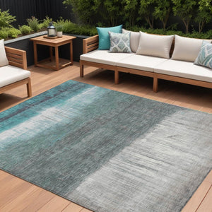 HomeRoots 5' Teal Blue and Gray Abstract Area Rug – Durable, Washable, Perfect for Indoor and Outdoor Spaces 10' X 14' 632064