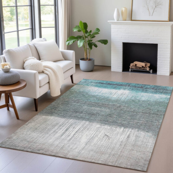 HomeRoots 5' Teal Blue and Gray Abstract Area Rug – Durable, Washable, Perfect for Indoor and Outdoor Spaces 10' X 14' 632064