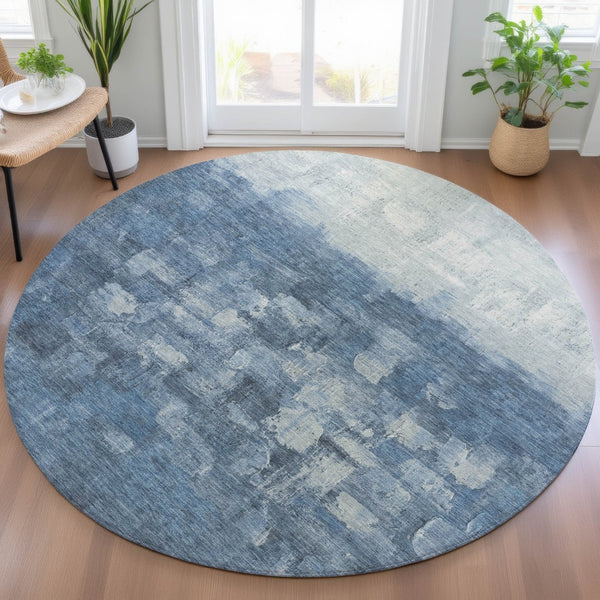 HomeRoots 8' Navy Blue and Silver Round Area Rug - Durable, Washable, Contemporary Design for Indoor & Outdoor Use 632079