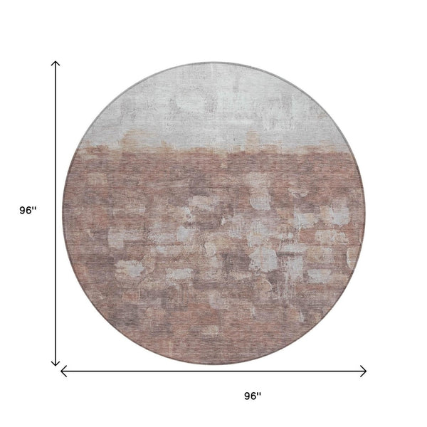HomeRoots 8' Round Abstract Area Rug in Rust and Silver - Washable, Durable, Stylish for Indoor & Outdoor Use 632085