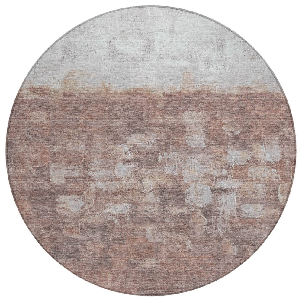 HomeRoots 8' Round Abstract Area Rug in Rust and Silver - Washable, Durable, Stylish for Indoor & Outdoor Use 632085