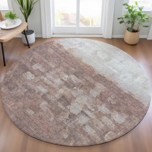 HomeRoots 8' Round Abstract Area Rug in Rust and Silver - Washable, Durable, Stylish for Indoor & Outdoor Use 632085