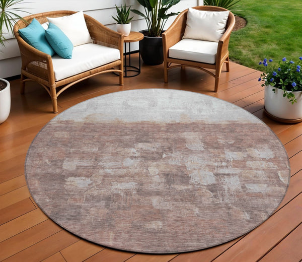 HomeRoots 8' Round Abstract Area Rug in Rust and Silver - Washable, Durable, Stylish for Indoor & Outdoor Use 632085