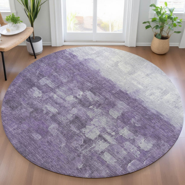 HomeRoots 8' Bold Purple & Silver Round Abstract Area Rug - Washable, Durable for Indoor & Outdoor Spaces 632091