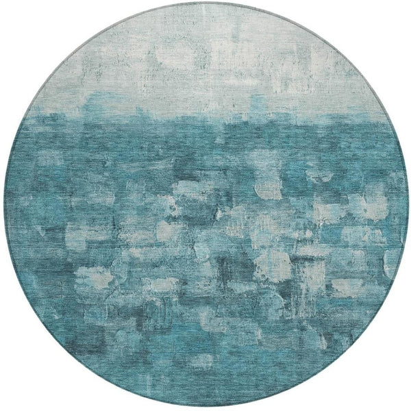 HomeRoots 8' Teal Blue and Silver Round Abstract Area Rug - Stylish, Washable, Indoor/Outdoor Accent for Any Space 632097