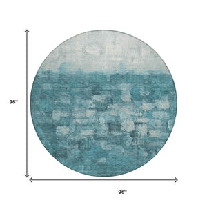 HomeRoots 8' Teal Blue and Silver Round Abstract Area Rug - Stylish, Washable, Indoor/Outdoor Accent for Any Space 632097