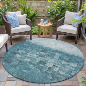 HomeRoots 8' Teal Blue and Silver Round Abstract Area Rug - Stylish, Washable, Indoor/Outdoor Accent for Any Space 632097