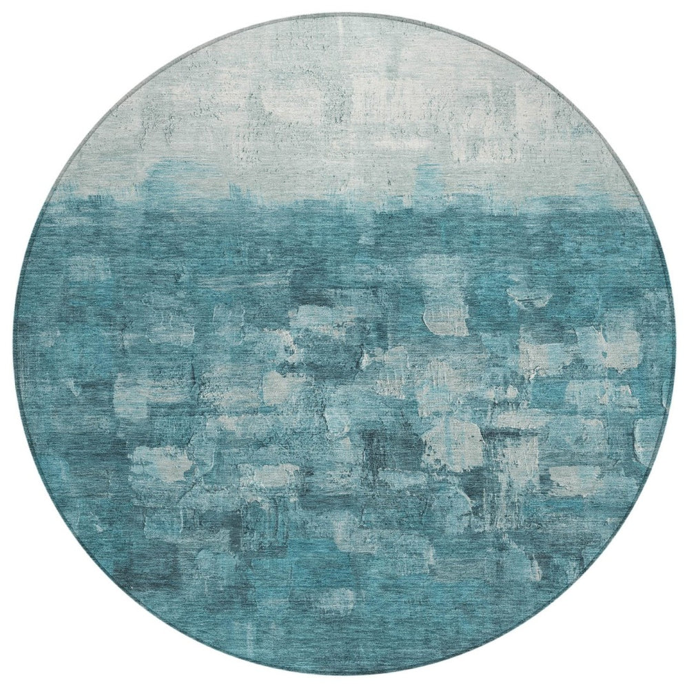HomeRoots 8' Teal Blue and Silver Round Abstract Area Rug - Stylish, Washable, Indoor/Outdoor Accent for Any Space 632097