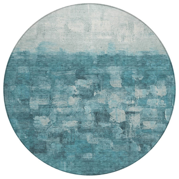 HomeRoots 8' Teal Blue and Silver Round Abstract Area Rug - Stylish, Washable, Indoor/Outdoor Accent for Any Space 632097