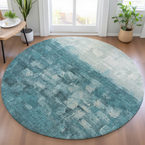 HomeRoots 8' Teal Blue and Silver Round Abstract Area Rug - Stylish, Washable, Indoor/Outdoor Accent for Any Space 632097