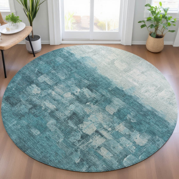 HomeRoots 8' Teal Blue and Silver Round Abstract Area Rug - Stylish, Washable, Indoor/Outdoor Accent for Any Space 632097