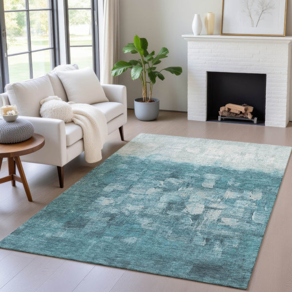 HomeRoots 8' X 10' Teal Blue and Silver Abstract Area Rug - Stylish, Washable, Indoor/Outdoor Versatile Decor! 632098