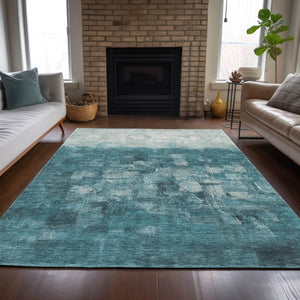 HomeRoots 8' X 10' Teal Blue and Silver Abstract Area Rug - Stylish, Washable, Indoor/Outdoor Versatile Decor! 632098