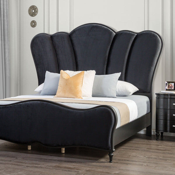 English Elm Glam Art Deco Queen Bed with Padded Scallop Channel Headboard, Light Gray Upholstery, Turned Wood Legs Black 80 L x 53 W x 6 H B2741S00197