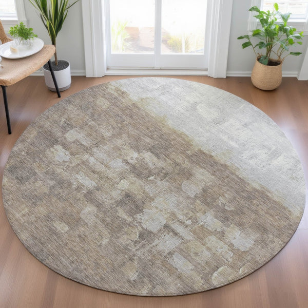 HomeRoots 8' Taupe and Silver Round Abstract Rug - Stylish, Washable, Durable Indoor/Outdoor Area Essential 632103
