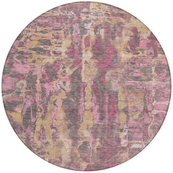 HomeRoots 8' Blush and Wheat Round Abstract Washable Area Rug for Modern Indoor and Outdoor Spaces 632109