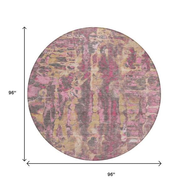 HomeRoots 8' Blush and Wheat Round Abstract Washable Area Rug for Modern Indoor and Outdoor Spaces 632109