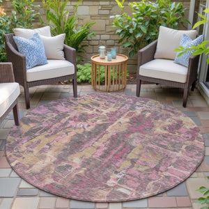 HomeRoots 8' Blush and Wheat Round Abstract Washable Area Rug for Modern Indoor and Outdoor Spaces 632109