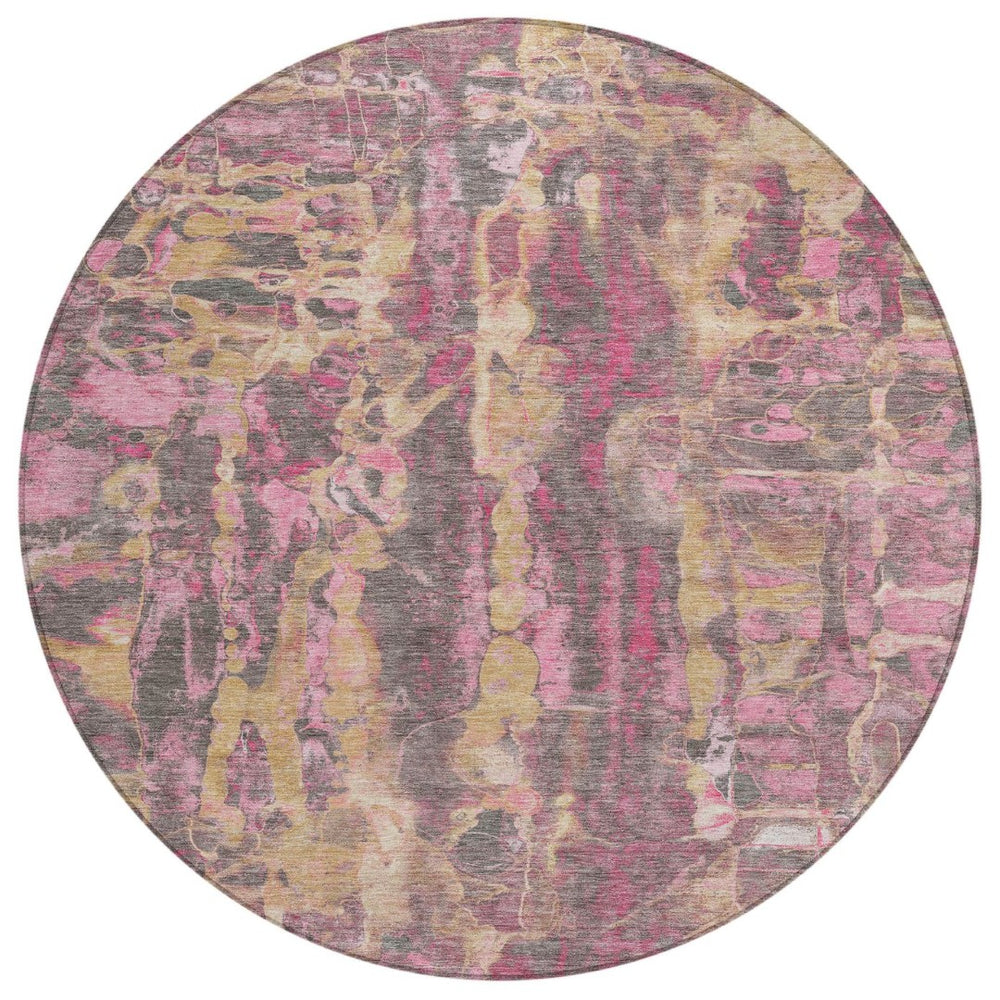 HomeRoots 8' Blush and Wheat Round Abstract Washable Area Rug for Modern Indoor and Outdoor Spaces 632109