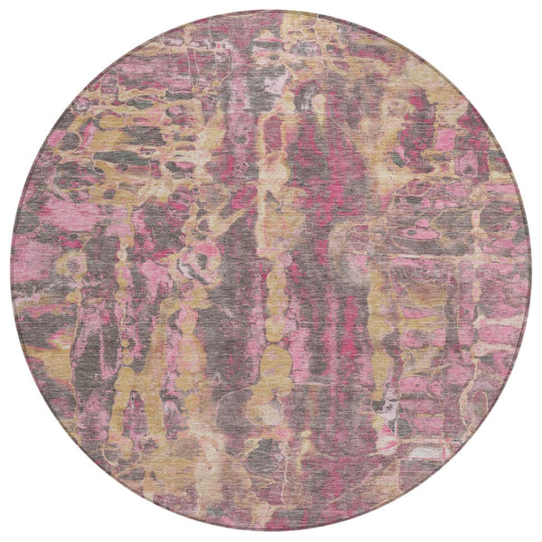 HomeRoots 8' Blush and Wheat Round Abstract Washable Area Rug for Modern Indoor and Outdoor Spaces 632109