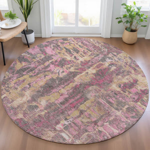 HomeRoots 8' Blush and Wheat Round Abstract Washable Area Rug for Modern Indoor and Outdoor Spaces 632109