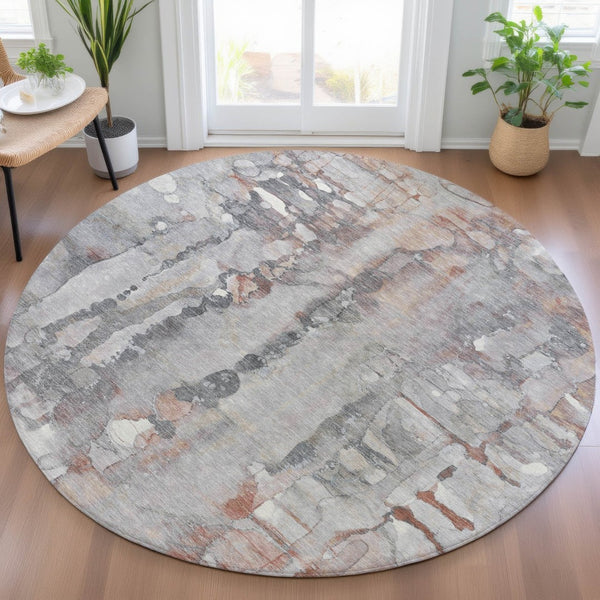 HomeRoots 8' Copper and Gray Round Abstract Rug - Stylish, Washable & Durable for Indoor and Outdoor Spaces! 632115