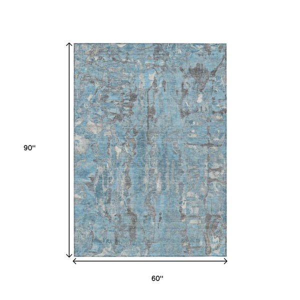 HomeRoots 5' Modern Denim Blue and Gray Abstract Area Rug - Washable, Stain-Resistant, Indoor/Outdoor Use 5' X 8' 632120