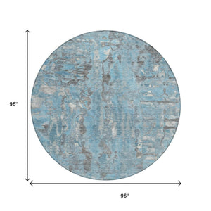 HomeRoots 8' Stylish Denim Blue and Gray Abstract Round Rug - Washable, Durable Design for Indoor/Outdoor Use 632121