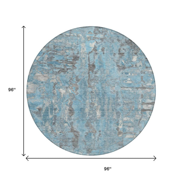 HomeRoots 8' Stylish Denim Blue and Gray Abstract Round Rug - Washable, Durable Design for Indoor/Outdoor Use 632121