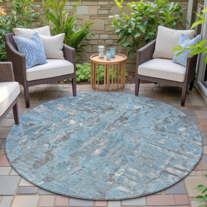 HomeRoots 8' Stylish Denim Blue and Gray Abstract Round Rug - Washable, Durable Design for Indoor/Outdoor Use 632121