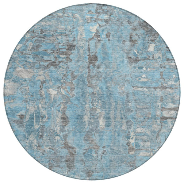 HomeRoots 8' Stylish Denim Blue and Gray Abstract Round Rug - Washable, Durable Design for Indoor/Outdoor Use 632121