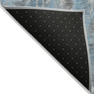 HomeRoots 8' Stylish Denim Blue and Gray Abstract Round Rug - Washable, Durable Design for Indoor/Outdoor Use 632121