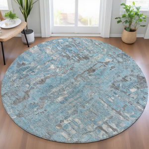 HomeRoots 8' Stylish Denim Blue and Gray Abstract Round Rug - Washable, Durable Design for Indoor/Outdoor Use 632121
