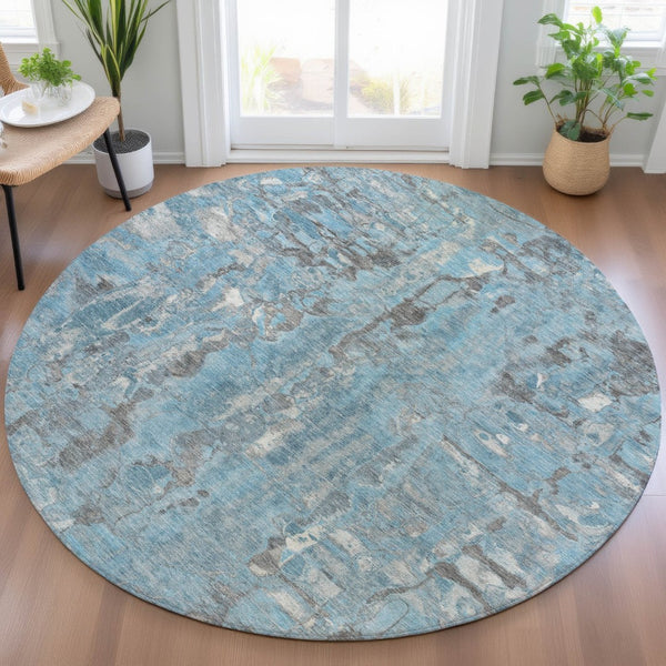 HomeRoots 8' Stylish Denim Blue and Gray Abstract Round Rug - Washable, Durable Design for Indoor/Outdoor Use 632121