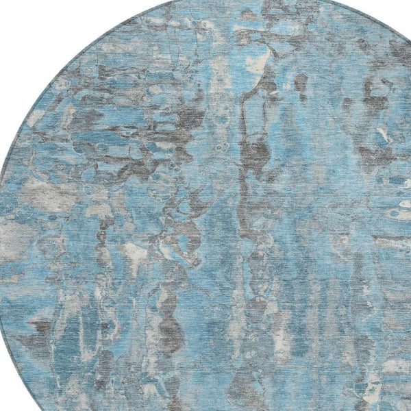 HomeRoots 8' Stylish Denim Blue and Gray Abstract Round Rug - Washable, Durable Design for Indoor/Outdoor Use 632121