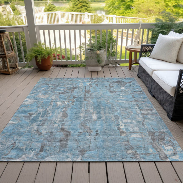 HomeRoots 5' Modern Denim Blue and Gray Abstract Area Rug - Washable, Stain-Resistant, Indoor/Outdoor Use 8' X 10' 632122