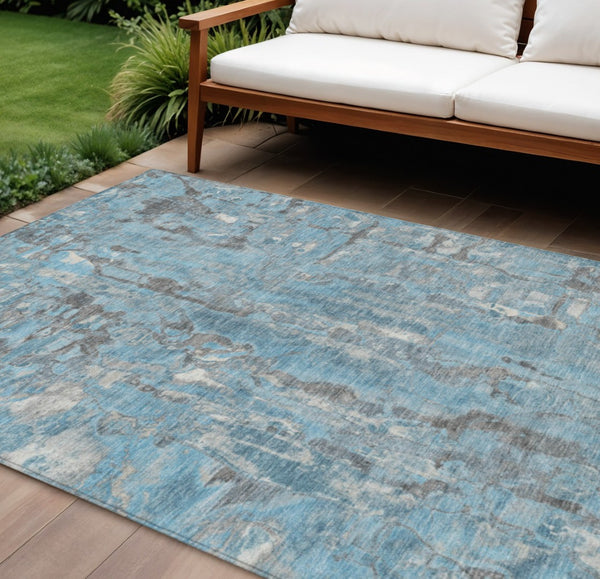 HomeRoots 5' Modern Denim Blue and Gray Abstract Area Rug - Washable, Stain-Resistant, Indoor/Outdoor Use 9' X 12' 632123