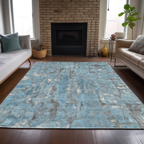 HomeRoots 5' Modern Denim Blue and Gray Abstract Area Rug - Washable, Stain-Resistant, Indoor/Outdoor Use 9' X 12' 632123