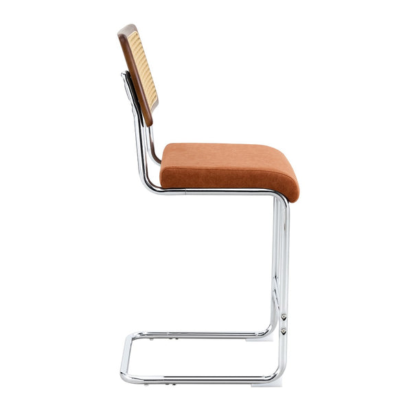 English Elm Natural Rattan Backrest Counter Stools Set of 4 with Chrome Legs and Pu Leather Seats W2920S00107