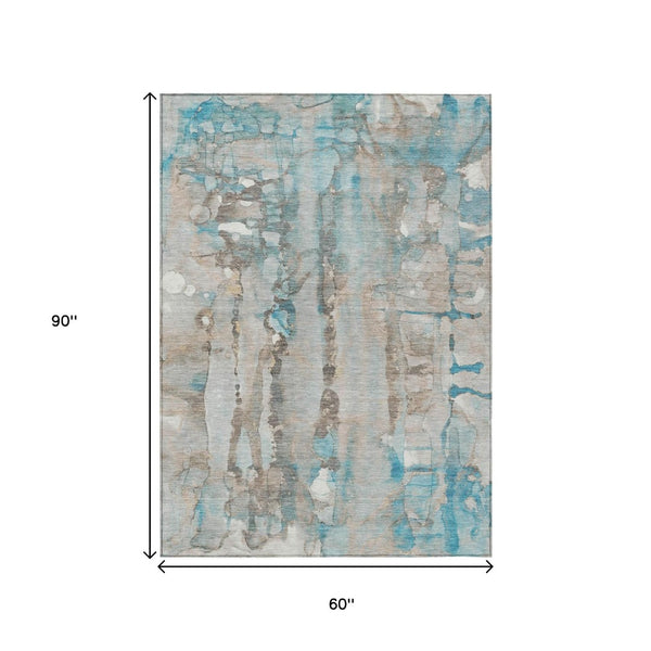 HomeRoots 5' X 8' Teal Blue and Ivory Abstract Rug - Durable, Washable, Stylish Indoor/Outdoor Floor Covering 632144