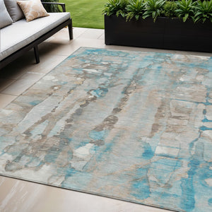 HomeRoots 5' X 8' Teal Blue and Ivory Abstract Rug - Durable, Washable, Stylish Indoor/Outdoor Floor Covering 632144