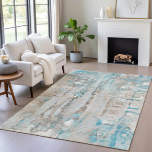 HomeRoots 5' X 8' Teal Blue and Ivory Abstract Rug - Durable, Washable, Stylish Indoor/Outdoor Floor Covering 632144
